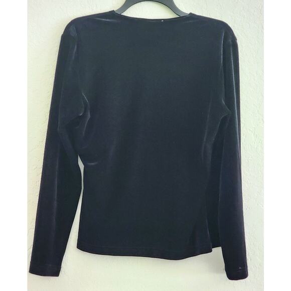 TOP/BLOUSE-CASUAL CORNER-Black Velvet-Low V-Neck Crossover-Long Sleeves-Size LRG - Picture 2 of 12